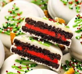 easy no bake white chocolate covered oreos 5 ingredient christmas tre, Cut white chocolate Oreos showing red filling on a platter with other fully coated Oreos