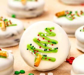 easy no bake white chocolate covered oreos 5 ingredient christmas tre, Macro shot of festive white chocolate covered Oreo showing pretzel trunk and colorful sprinkles