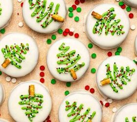easy no bake white chocolate covered oreos 5 ingredient christmas tre, White chocolate covered Oreos with festive green drizzle and candy decorations