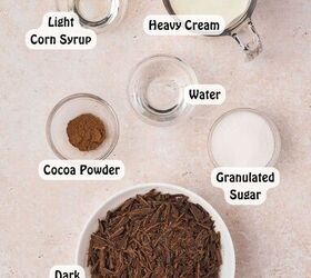 best 5 ingredient chocolate mousse to make at home, All ingredients for 5 ingredient chocolate mousse laid out on a countertop chopped dark chocolate heavy cream sugar water and liquid glucose