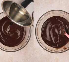 best 5 ingredient chocolate mousse to make at home, Warm sugar syrup being poured into melted chocolate while stirring to create a glossy mixture