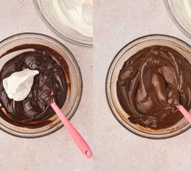 best 5 ingredient chocolate mousse to make at home, Spoonful of whipped cream folded into chocolate mixture then gently folding remaining cream to keep mousse airy