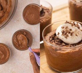 best 5 ingredient chocolate mousse to make at home, Chocolate mousse spooned into 4 large cups topped with whipped cream and a sprinkle of cocoa powder ready to chill