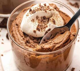 best 5 ingredient chocolate mousse to make at home, Spoon scooping rich and airy chocolate mousse from a glass cup showing creamy texture