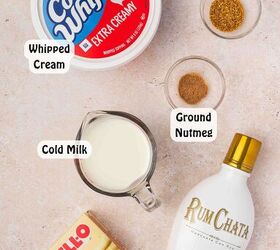 rumchata pudding shots recipe easy and festive with 5 ingredients, All five ingredients laid out for making RumChata pudding shots instant vanilla pudding mix cold milk RumChata liqueur whipped topping and festive garnishes like ground nutmeg and golden sugar crystals ready for an easy Christmas dessert recipe