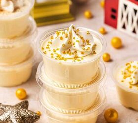 rumchata pudding shots recipe easy and festive with 5 ingredients, A tower of pudding shots stacked together showcasing smooth creamy layers and festive golden sugar toppings