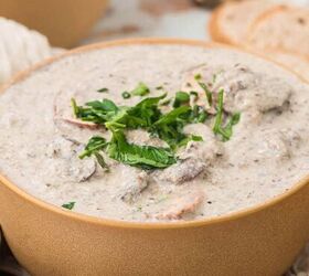 beef stew crockpot, Mushroom Soup Without Cream Garnished and Served in Bowls