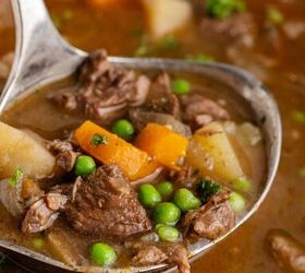 beef stew crockpot, Slow Cooker Beef Stew close up in a ladle