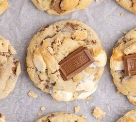 beef stew crockpot, Smores Cookies baked on a cookie sheet with graham crumbs and a Hershey square on top