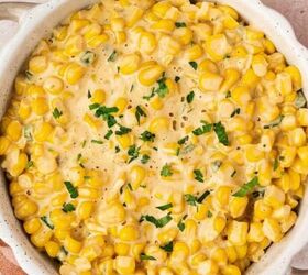 easy roasted pumpkin salad with feta balsamic vinaigrette, Skillet creamed corn with jalape o creamy texture and fresh parsley garnish