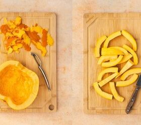easy roasted pumpkin salad with feta balsamic vinaigrette, Pumpkin being peeled seeded and sliced into even 3 inch strips on a cutting board