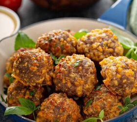 sausage balls recipe easy sausage cheese balls, Overhead image of air fryer sausage balls in a blue bowl