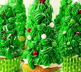 easy and delicious chicken and shrimp stir fry recipe, Festive Christmas tree cupcakes decorated with bright green frosting white sprinkles and red star toppers arranged on a white surface