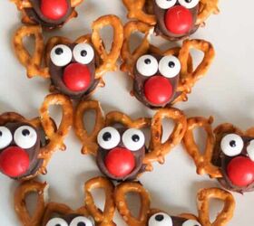 easy and delicious chicken and shrimp stir fry recipe, Festive reindeer treats made with mini pretzels Rolo candies red M M noses and candy eyeballs arranged on a white plate