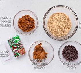 easy 5 ingredient biscoff chocolate quinoa clusters no bake christmas, Ingredients for Biscoff chocolate quinoa clusters laid out on white specked surface