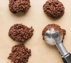 easy 5 ingredient biscoff chocolate quinoa clusters no bake christmas, Biscoff chocolate quinoa mixture being scooped onto a baking sheet with a cookie scoop