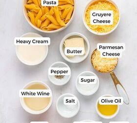 french onion pasta with gruyere cheese, A flat lay of labeled ingredients in bowls for French Onion Pasta including Gruy re cheese garlic Parmesan heavy cream butter pepper sugar white wine salt olive oil onion beef broth and thyme