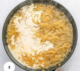 french onion pasta with gruyere cheese, A skillet filled with caramelized onions and cream being mixed together creating a creamy French Onion sauce The mixture is partially combined with some onions still separated from the cream A 3 in a white circle is in the bottom left corner
