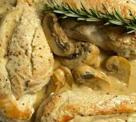 french onion pasta with gruyere cheese, Chicken breasts in a skillet with a creamy dijon mustard sauce