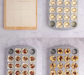 cranberry brie bites, Cranberry Brie Bites Being Made with Puff Pastry Cut into Squares Added to Mini Muffin Tin and Filled with Brie Cranberry and Pecan Mixture