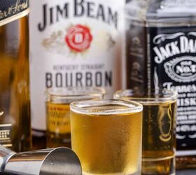 3 wise men shot, 3 Wise Men Shot in Shot Glasses on a Tray with Liquor Bottles Close Up