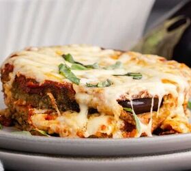 3 wise men shot, Eggplant Casserole on a plate with basil garnish