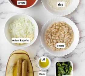 spicy tofu sausage bean soup with rice, Ingredients in bowls for the sausage bean soup