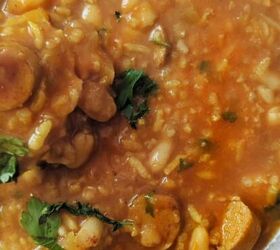 spicy tofu sausage bean soup with rice, A close up of vegan sausage bean and rice soup