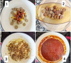 spicy tofu sausage bean soup with rice, 1 4 process shots cooking the sausage stir frying the onion and garlic with tomato