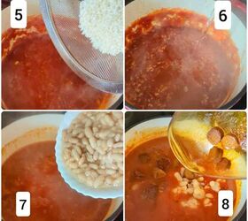 spicy tofu sausage bean soup with rice, 5 8 process shots add cooked rice water beans and sausage