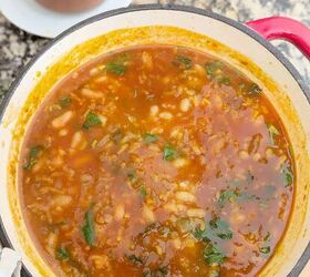 spicy tofu sausage bean soup with rice, A pot of vegan sausage bean and rice soup A rustic pot is behind the pot