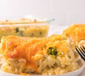 easy chicken broccoli rice casserole family favorite, Creamy broccoli chicken and rice casserole with melted cheese and a fork scooping a bite