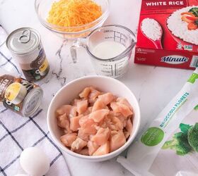 easy chicken broccoli rice casserole family favorite, Chicken broccoli rice casserole ingredients laid out on a marble surface