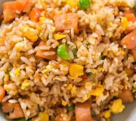 easy chicken broccoli rice casserole family favorite, Colorful bowl of spam fried rice mixed with peas carrots corn and scrambled eggs served in a light gray plate