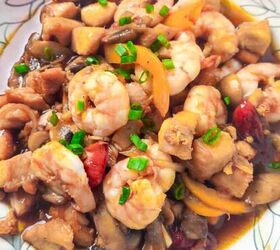 easy chicken broccoli rice casserole family favorite, Shrimp and chicken stir fry with mushrooms bell peppers and green onions served in a floral bowl