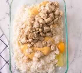 easy chicken broccoli rice casserole family favorite, Cooked chicken added on top of the creamy rice mixture for baked chicken broccoli rice casserole