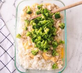 easy chicken broccoli rice casserole family favorite, Cooked chicken added on top of the creamy rice mixture for baked chicken broccoli rice casserole