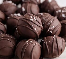 chocolate truffles, Chocolate Truffles up close on a plate with chocolate drizzle and salt