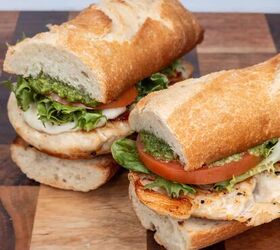 pesto chicken sandwich, Crispy Italian baguette sandwich with fresh vegetables pesto sauce and grilled chicken