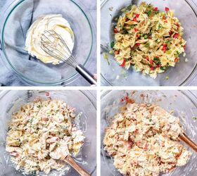 salmon pasta salad, Four step collage showing how to make salmon pasta salad whisking the creamy dressing mixing cooked bowtie pasta with vegetables tossing everything together and folding in the flaked salmon to finish the salad