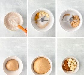 cinnamon rolls with fresh milled flour, Six step collage of making dough and prepping cinnamon sugar butter for baking