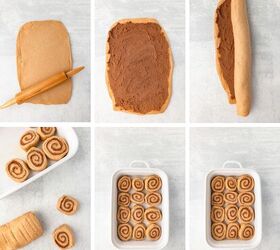 cinnamon rolls with fresh milled flour, Six step cinnamon roll process dough rolled filled rolled up sliced arranged in dish on light background