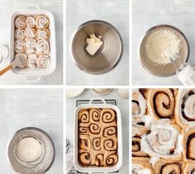 cinnamon rolls with fresh milled flour, Six panel collage of steps to make cinnamon rolls from dough shaping to frosted finished rolls