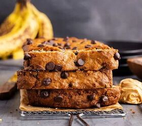 peanut butter banana bread, Peanut Butter Banana Bread slices stacked and peanut butter beside