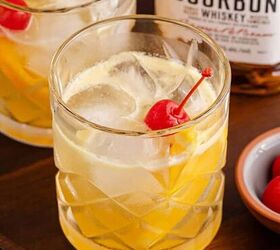 peanut butter banana bread, Bourbon Lemon Cocktails in Glasses on a Tray with Maraschino Cherries