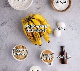 peanut butter banana bread, Peanut Butter Banana Bread Ingredients on a counter