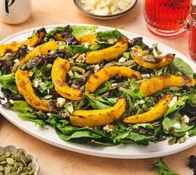 easy roasted pumpkin salad with feta balsamic vinaigrette, Beautifully plated roasted pumpkin salad topped with creamy feta and crunchy seeds