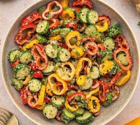 easy roasted pumpkin salad with feta balsamic vinaigrette, Bowl of cucumber mini pepper salad with sesame soy dressing