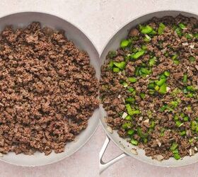 best slow cooker chili with beef and pinto beans, Ground beef browning in a skillet with chopped onion and bell pepper being saut ed until soft