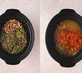 best slow cooker chili with beef and pinto beans, Beef vegetables soaked pinto beans tomato sauce diced tomatoes and broth added to a slow cooker and stirred together